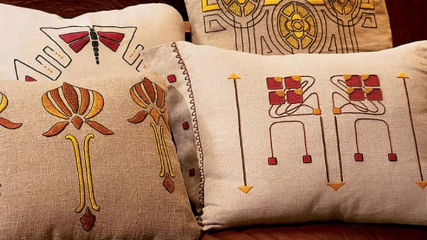Vintage and new together: the ‘Dragonfly’ and ‘Checkerberry’ designs are new from Arts & Crafts Period Textiles, lotus blossom and yellow medallion designs are old. Photo by William Wright.