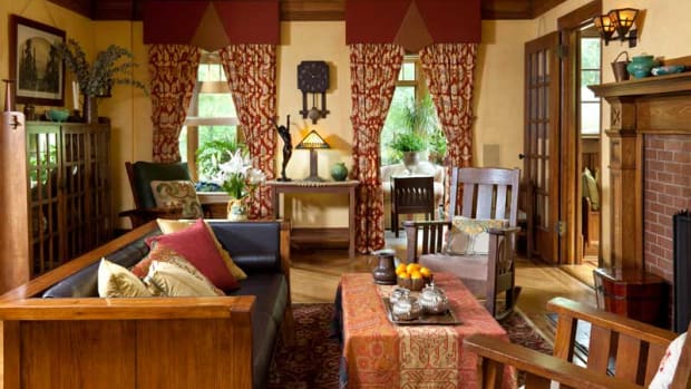 Most of the chairs are antiques, but the Asian-influenced Prairie-style sofa is a contemporary design.  All photos by Steve Gross and Susan Daley.