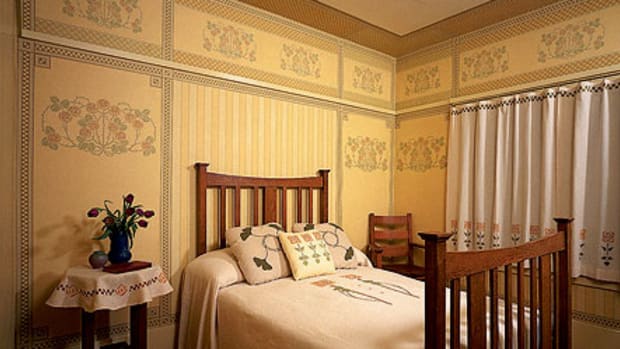 Authentic Arts & Crafts room sets featured deep borders, floral accents, and, invariably, stripes. The papers shown were reproduced for a house museum by Bradbury & Bradbury bradbury.com.