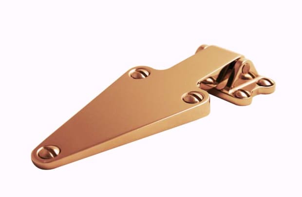A sturdy brass icebox hinge from Wilmette Hardware.