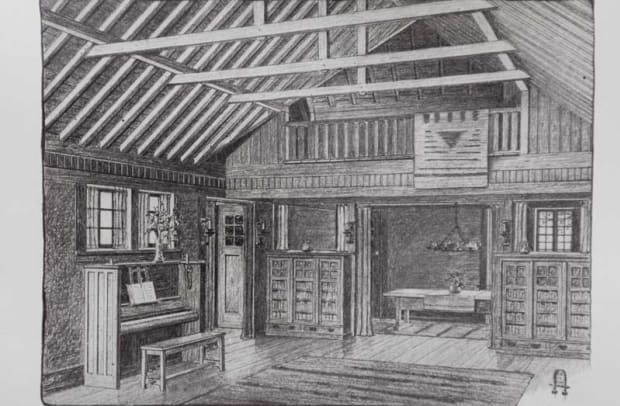 The great room and balcony as depicted in The Craftsman in 1907.