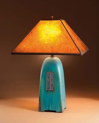 Jim Webb’s hand-molded and incised ceramic lamp with handmade mica shade from Studio 233.