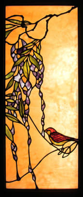 Stained-glass panel ‘Bird and Wisteria’ is by San Francisco Bay area glass artist  Theodore Ellison.