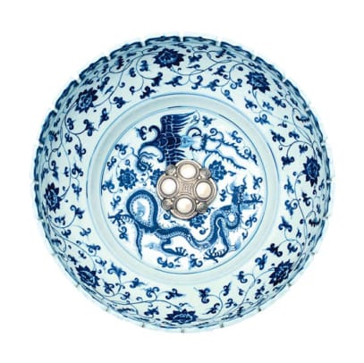 Hand-carved and hand-painted porcelain dragon bowl with decorative stopper, by Linkasink.
