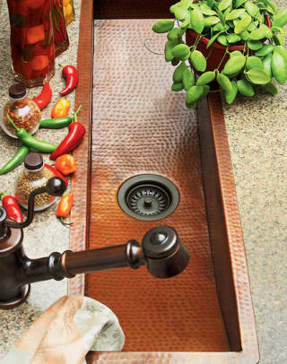 For the kitchen, the ‘Trough’ sink with applied patina, from Copper Sinks Direct.