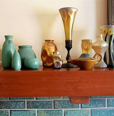 On top of the bedroom’s mantel, Fulper glass and Teco pottery ca. 1900–1920 are the room’s decoration.