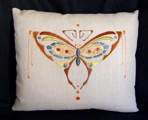 Hand-embroidered pillow by Roycroft Renaissance artisan Natalie Richards, Paint By Threads.