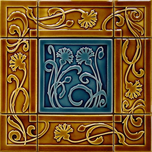 3" x 6" 1880-1935 Stylized Wave Art Nouveau American Encaustic Fireplace Tile 