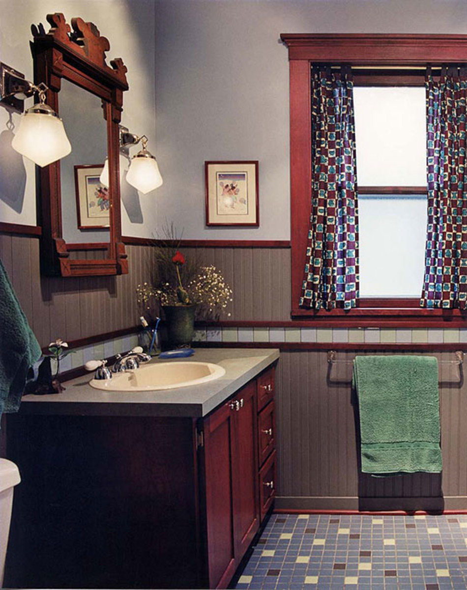 graphic tile floor, beadboard, period moldings, 1910 Prairie Style bathroom