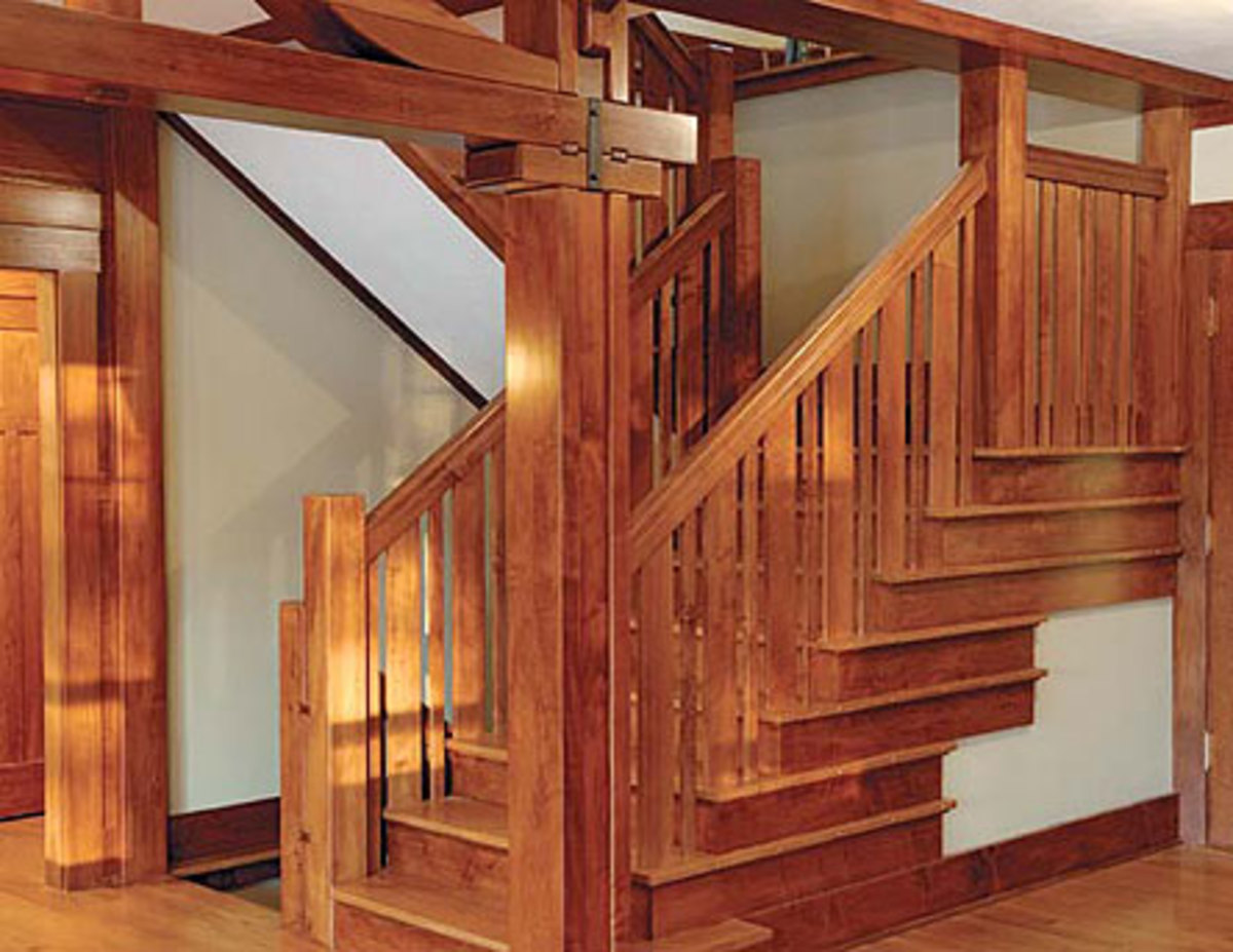 The treads are oak and the balustrade maple, but aniline dyes create a consistent look in a stair designed by Virginia architect Jim Erler erlerdesign.com and patterned after woodwork in a Greene & Greene house.