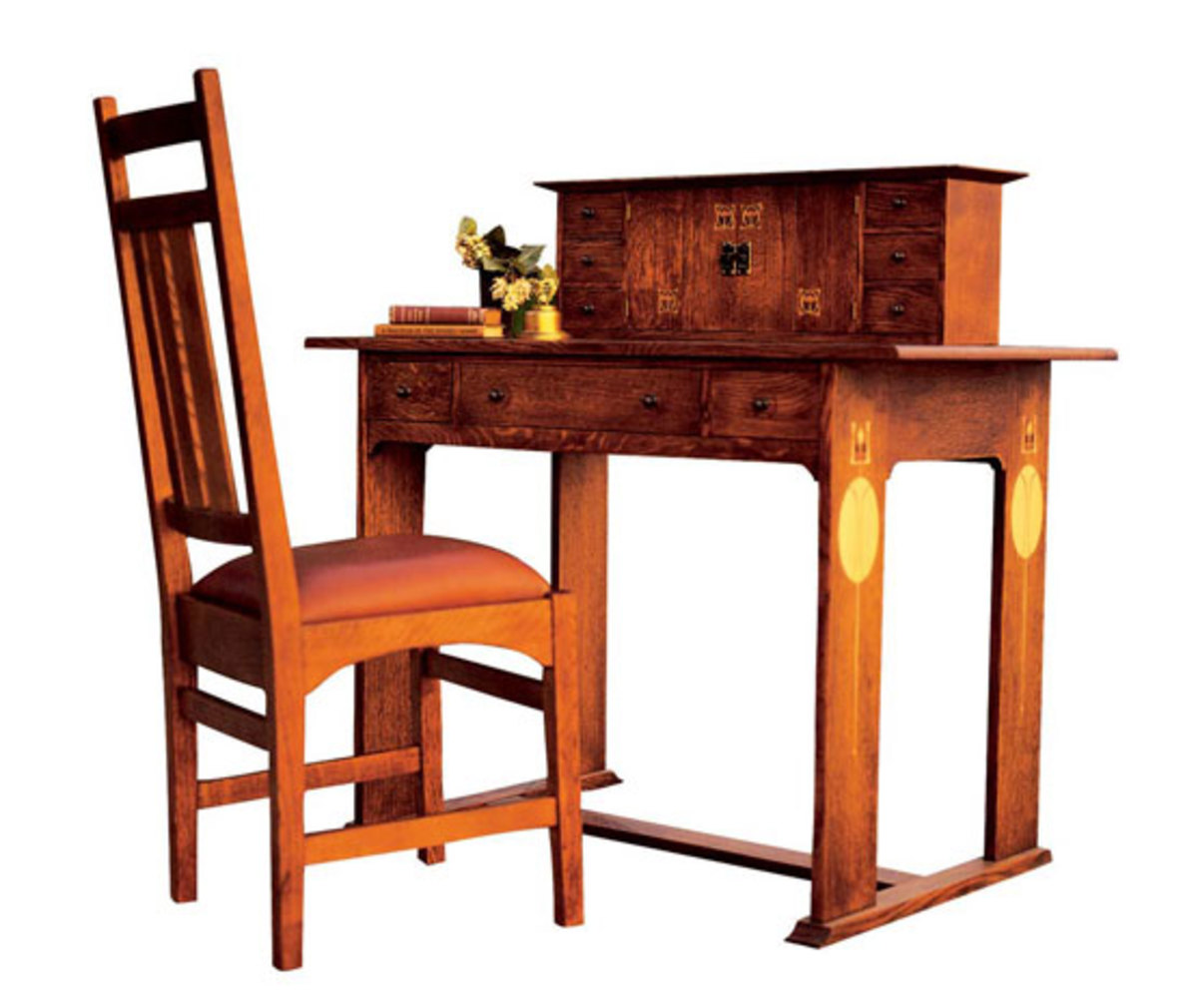 Stickley has reissued the 1904 Harvey Ellis-designed desk and side chair in quarter-sawn white oak with copper and hardwood inlays. (An original sold at Christie’s for $74,000.)