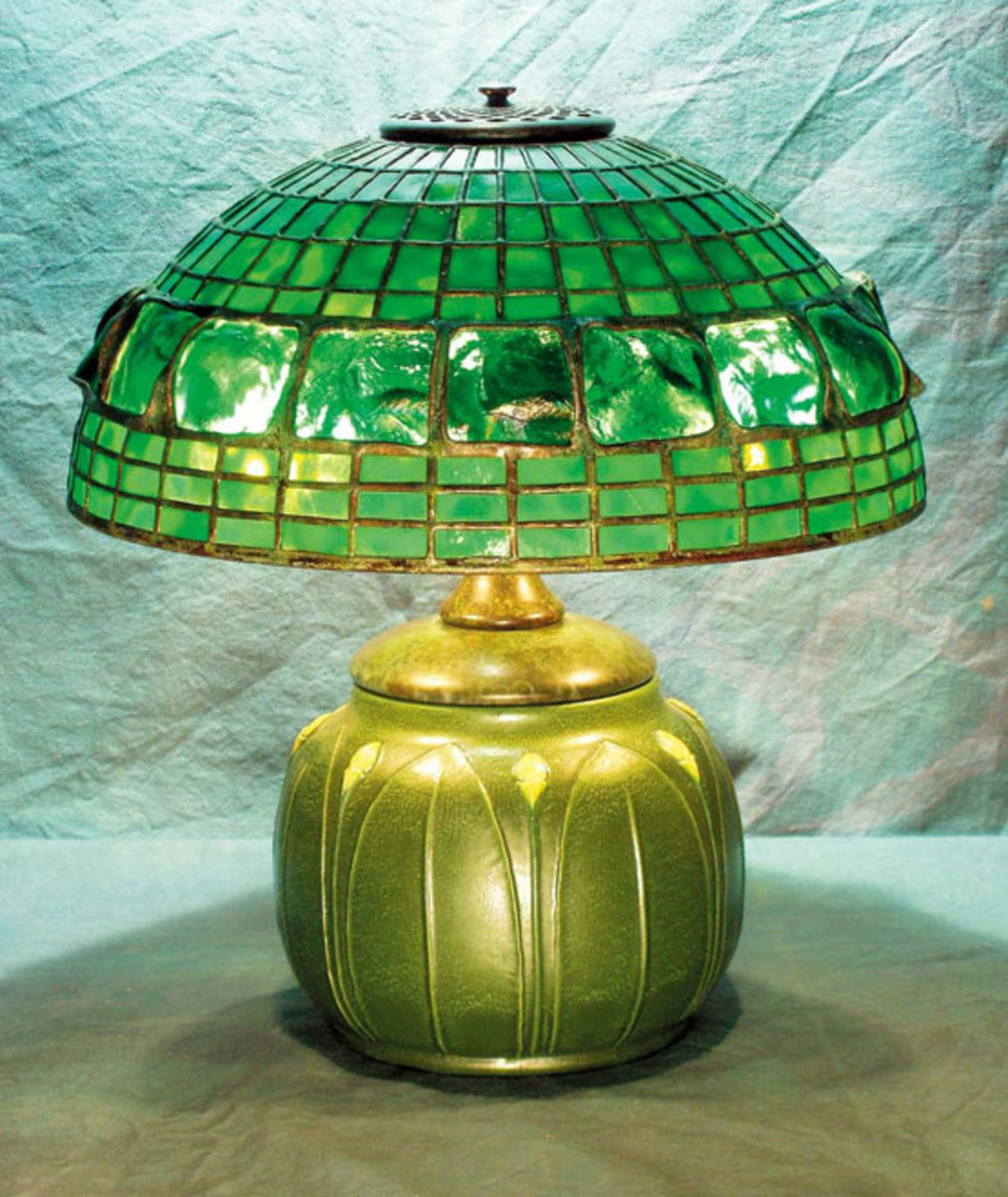 Tiffany reproduction by Century Studios, featuring a turtleback shade over a reproduction Grueby vase.