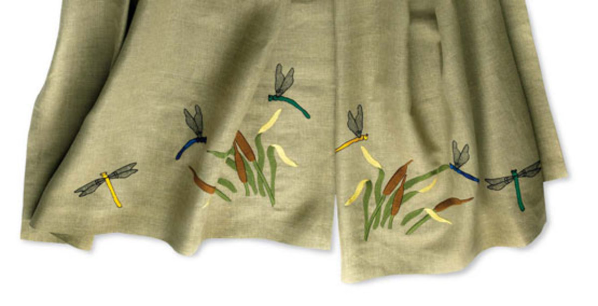 Linen curtains custom-embroidered with a dragonfly and cattail design, by Ford Craftsman Studios.