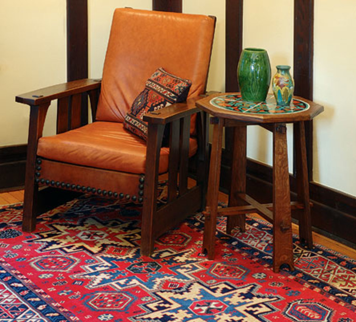 Colorful Caucasian rugs are inspired by Persian and Turkish designs.