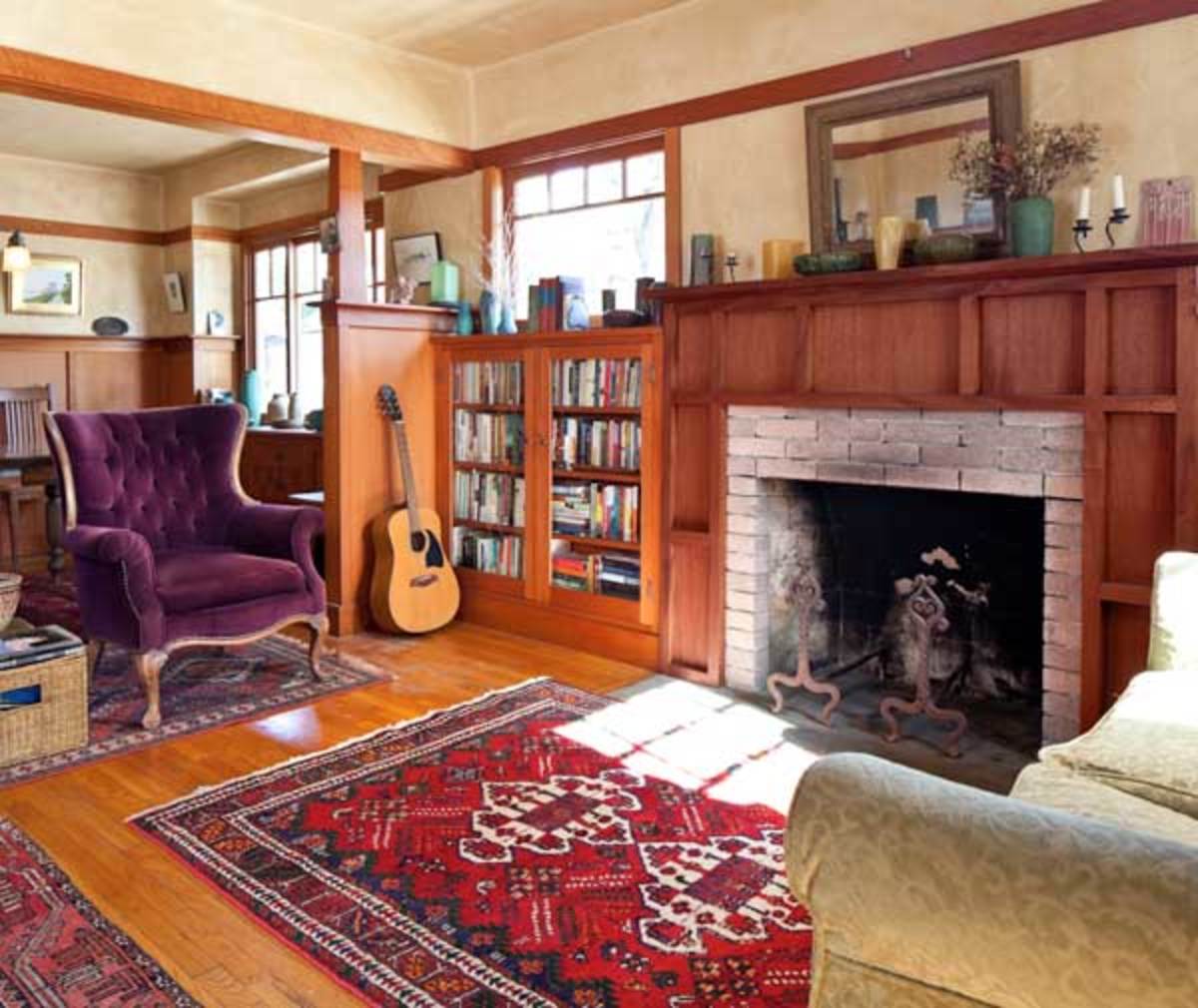 The owner built the woodwork, mostly in Douglas fir; the mahogany fireplace surround was an early project.