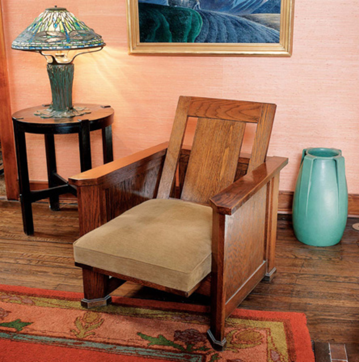 Frank Lloyd Wright’s version translated the Morris chair to a Prairie School form.