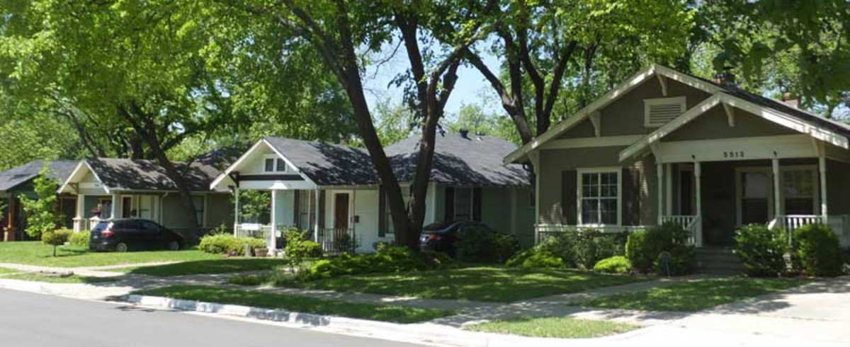 Bungalows make a tidy streetscape in the Dallas suburb of Vickery Place.