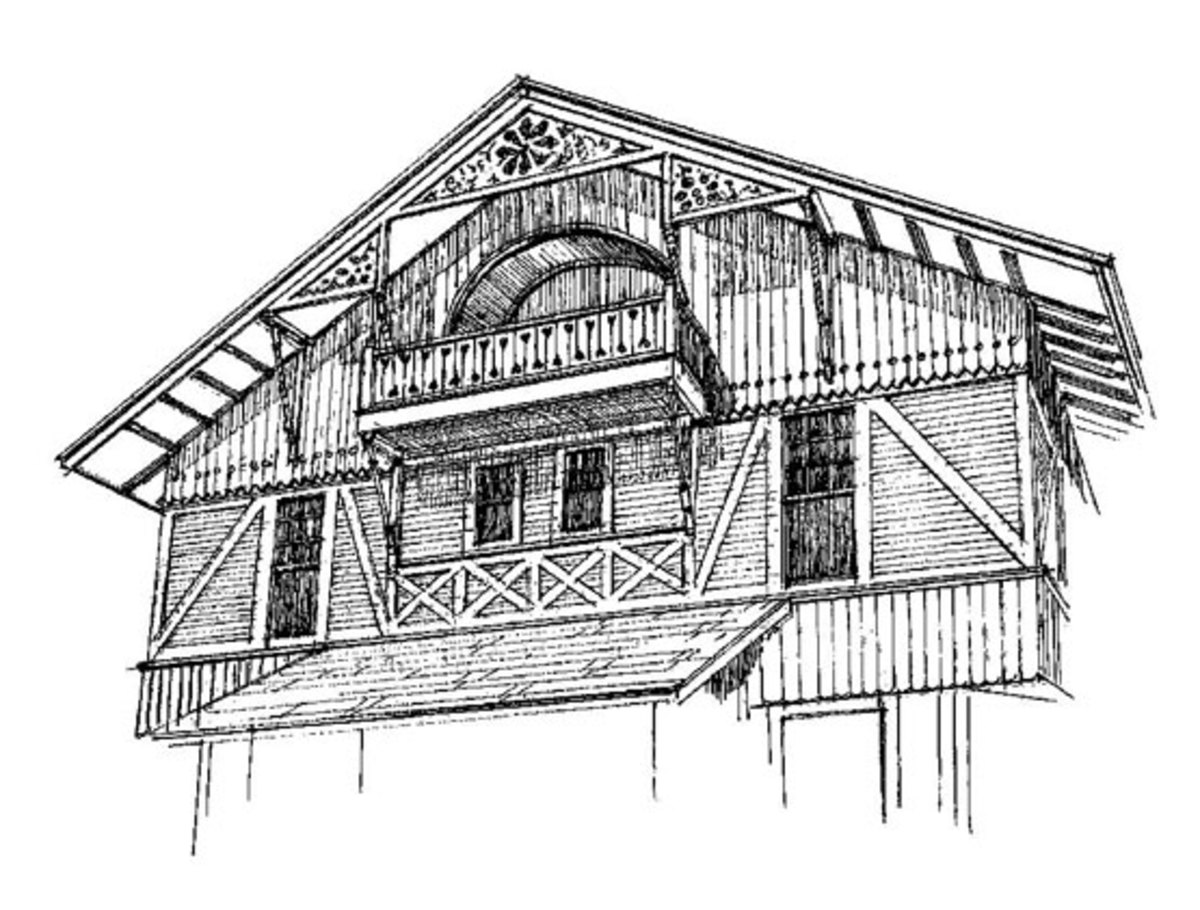 A ca. 1900 Chalet in Milwaukee shows the influence of the Stick Style. Drawing by Rob Leanna.