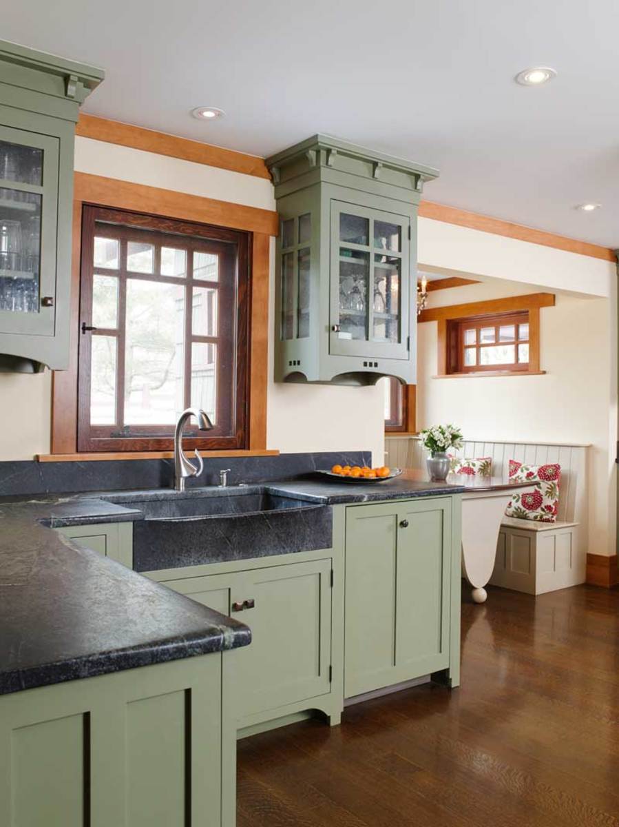 In a newly built house near New Hope, Pennsylvania, for example, designer Bela Rossman of Polo Design Build chose the gray-green stone to complement cabinets built by Crown Point Cabinetry.