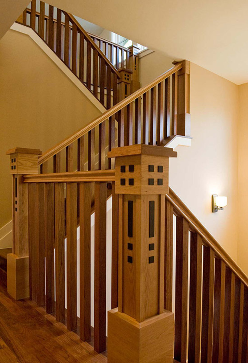 “four squares” motif on staircase, revival millwork