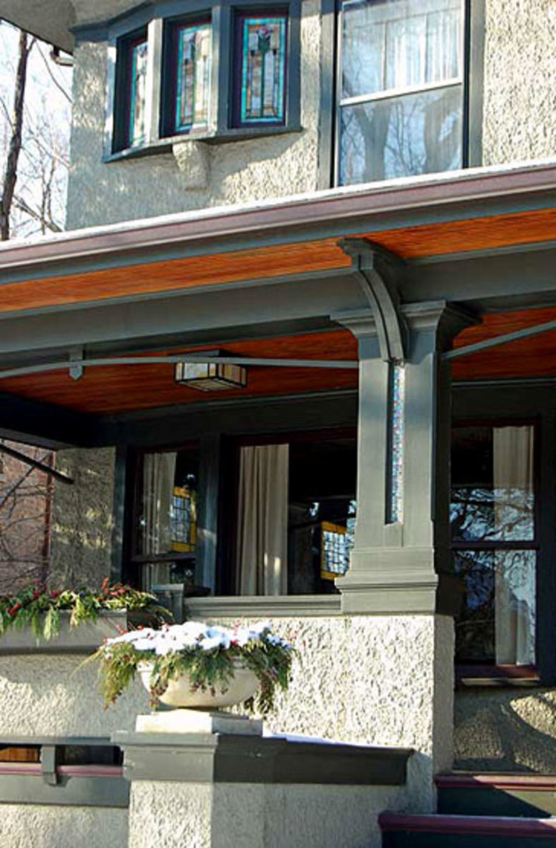 Chicago Foursquare porch, posts with inlaid mosaic glass