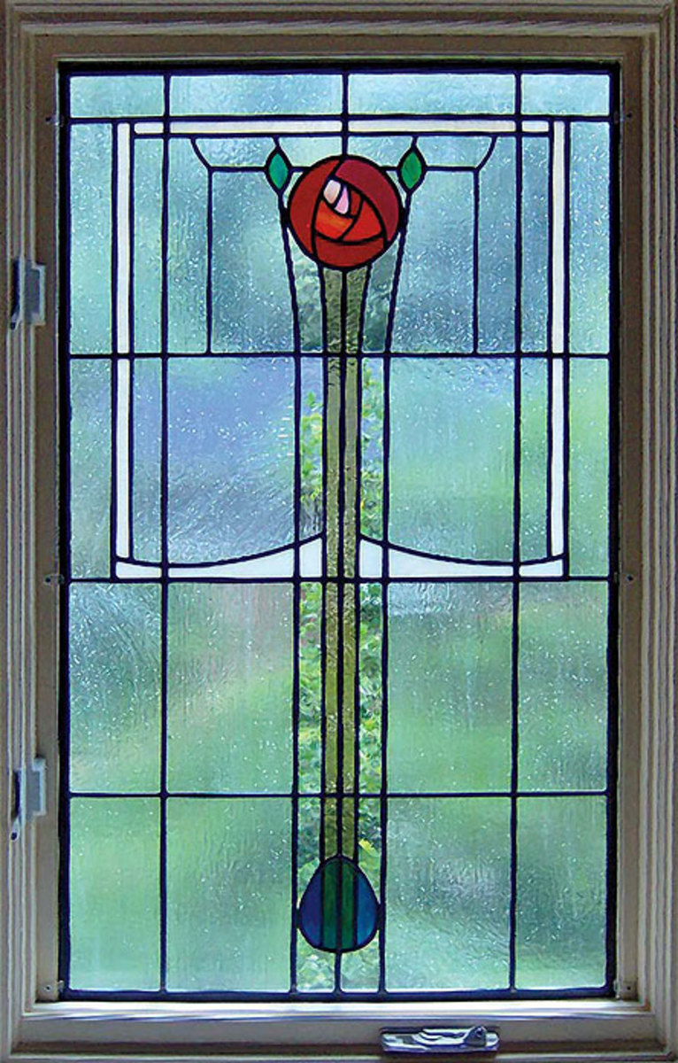 New stained- and leaded-glass window reminiscent of Mackintosh, by Susan McCracken of Architectural Artworks.