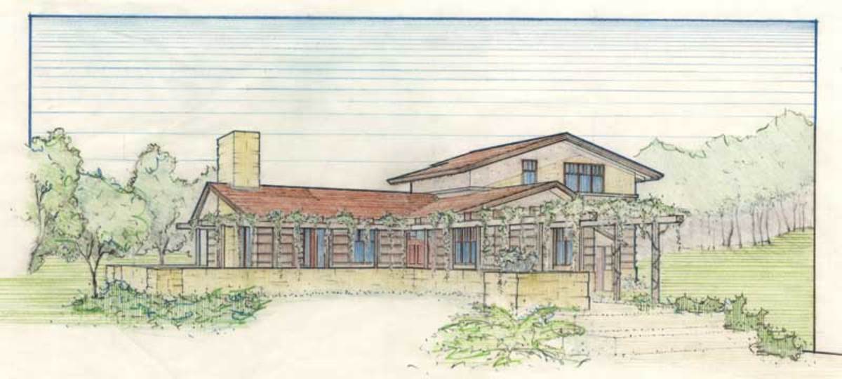 Rendering of a “not too big” house designed for its site, a woodland meadow, by architect Gerald Lee Morosco.