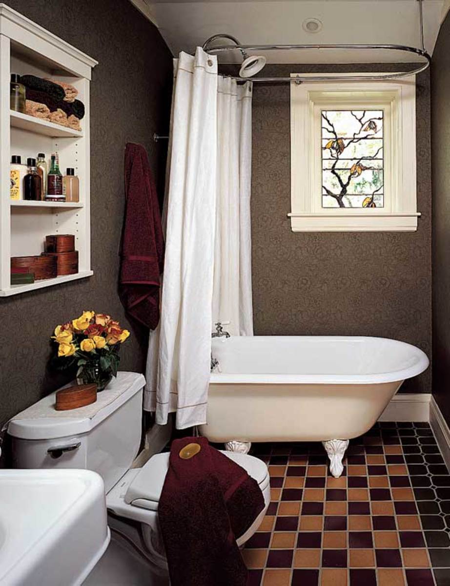 Though its size didn’t change, this pleasant room in Massachusetts has been reconfigured; the tub was turned and the window, fitted with period trim and stained glass, has been moved away from the corner. Photo by Greg Premru.
