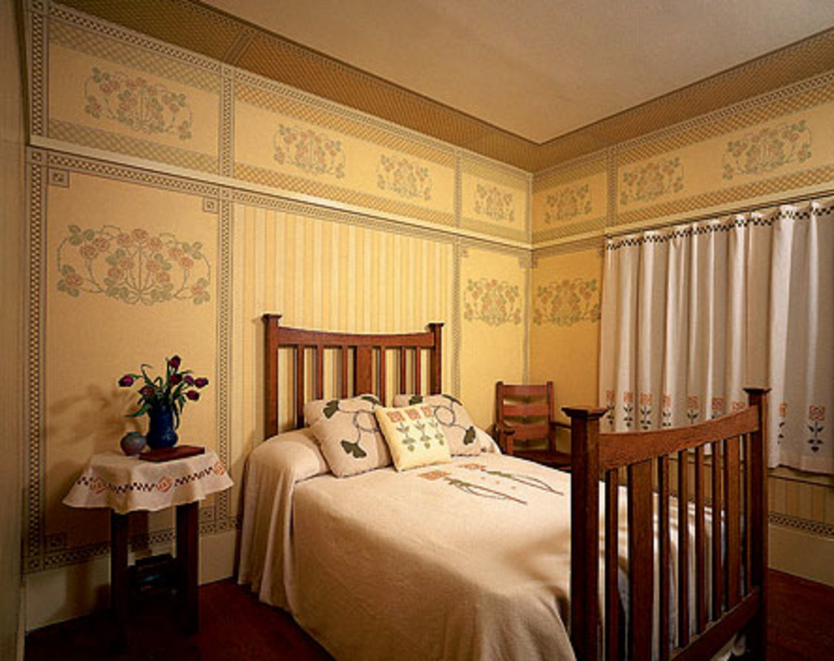 Authentic Arts & Crafts room sets featured deep borders, floral accents, and, invariably, stripes. The papers shown were reproduced for a house museum by Bradbury & Bradbury bradbury.com.