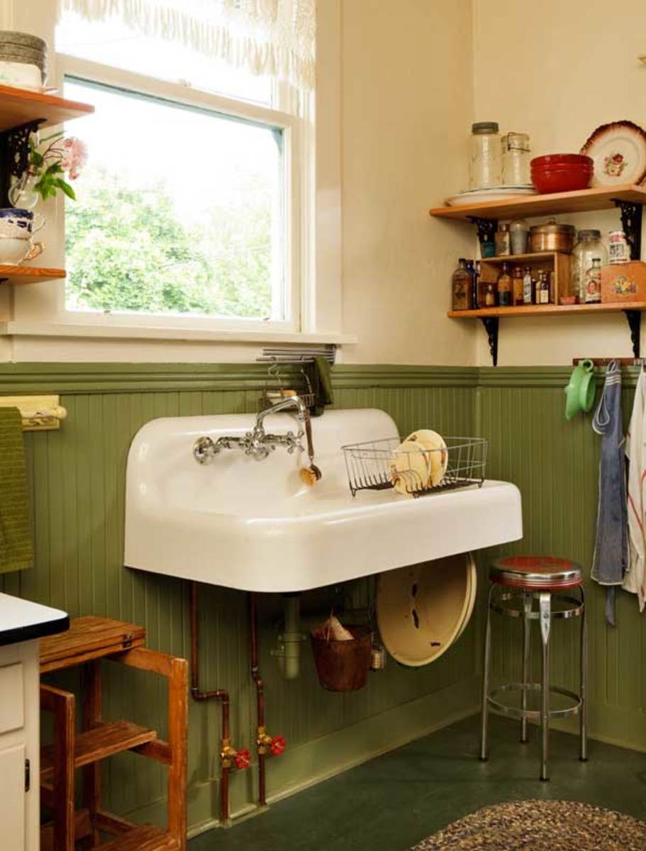 wall-mounted sink, vintage kitchen