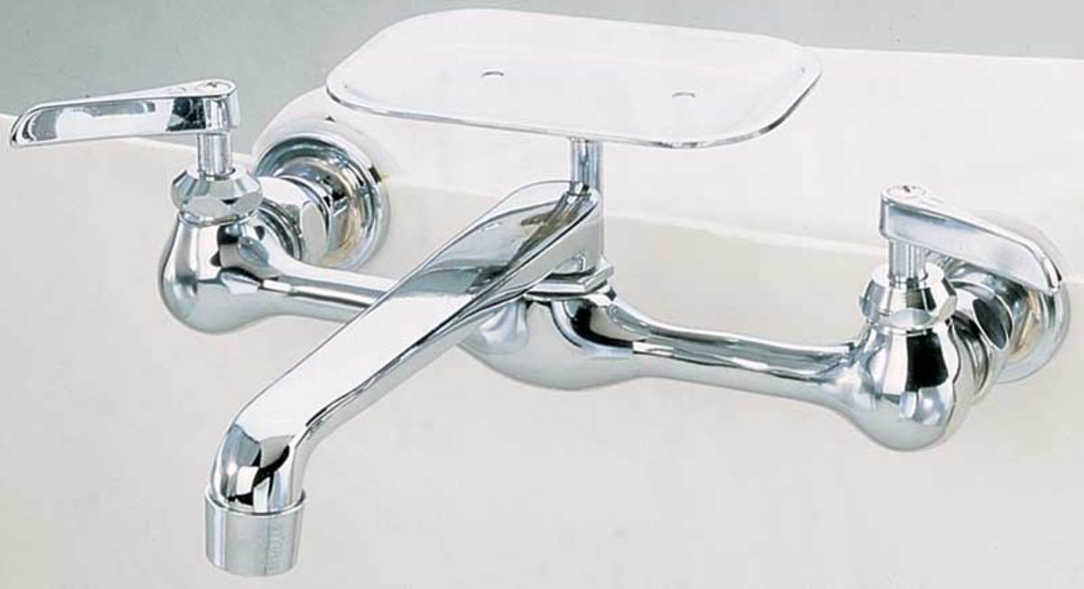 The wall-mount faucet set is from Signature Hardware.