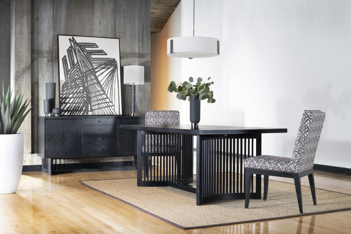 The recent Park Slope collection includes the bowed-base oak sideboard and dining table in Onyx.