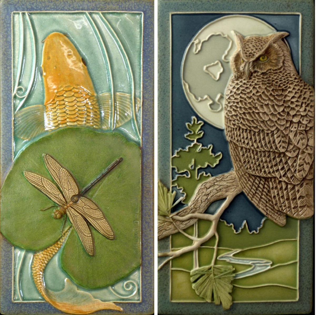 Koi and Dragonfly tile and Night Owl tile by Medicine Bluff Studios.
