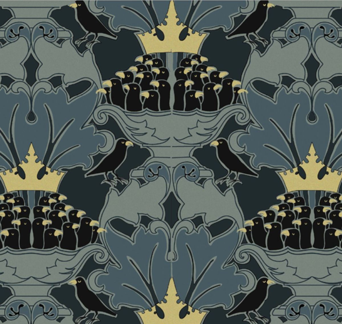 Trustworth Studios’ “Four and Twenty” scalable paper in teal, black, and gold, after a Voysey design.